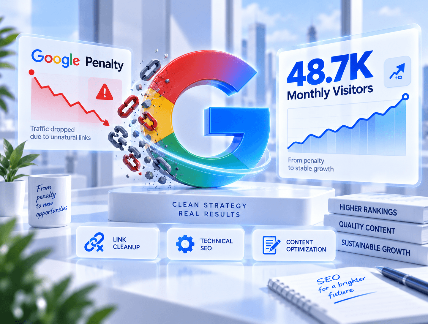 Google penalty recovery SEO case study showing organic traffic recovery to 48.7K monthly visitors