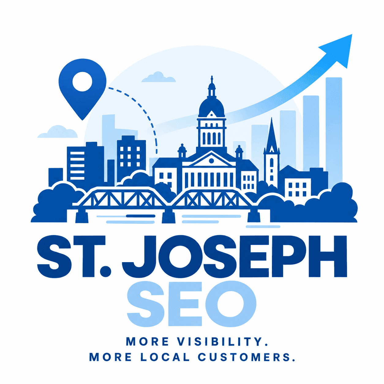 Illustrated skyline of St. Joseph, Missouri with a domed historic building, church spire and river bridge, representing SEO services for St. Joseph, MO businesses