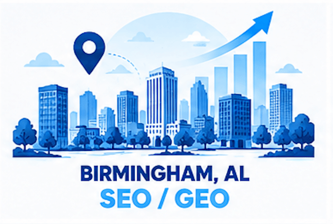 SEO and GEO services in Birmingham, Alabama: city skyline with the Vulcan statue on Red Mountain and Google and AI search visibility growth