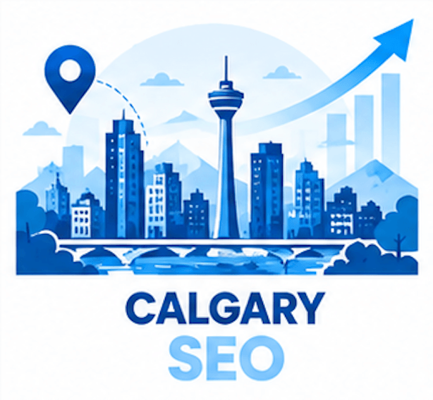SEO and GEO services in Calgary, Alberta: Calgary Tower skyline over the Bow River with Rocky Mountains and Google and AI search visibility growth