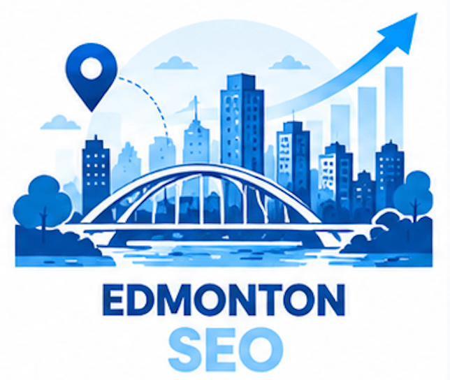 SEO and GEO services in Edmonton, Alberta: city skyline and bridge with Google and AI search visibility growth