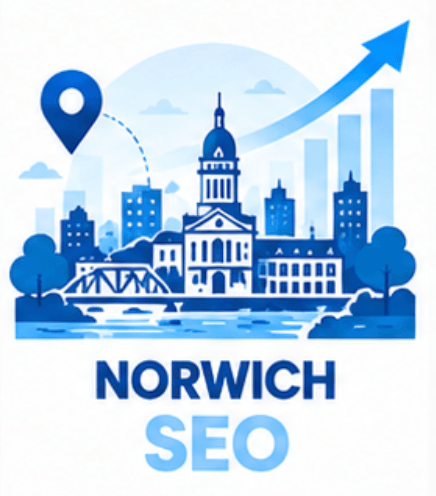 SEO and GEO services in Norwich, CT: Norwich skyline with Google and AI search visibility growth