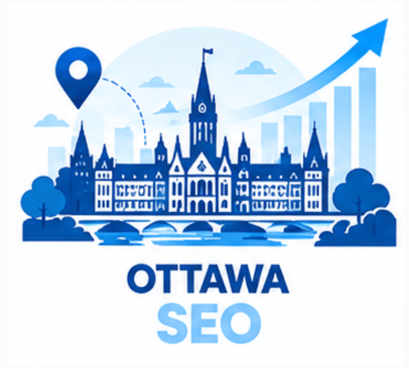 SEO and GEO services in Ottawa, Ontario: Parliament Hill skyline by the river with a map pin and growth arrow for Google and AI search visibility