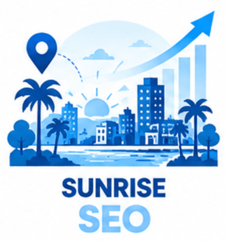SEO and GEO services in Sunrise, FL: South Florida skyline with Google and AI search visibility growth