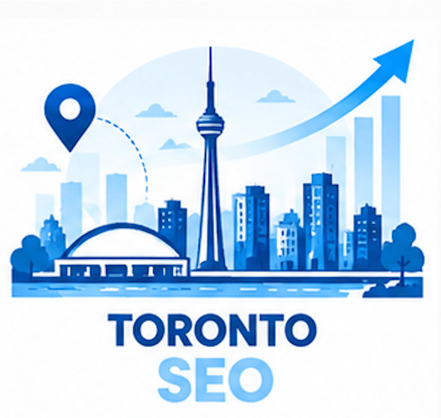 SEO and GEO services in Toronto, Ontario: CN Tower and Rogers Centre skyline with a map pin and growth arrow for Google and AI search visibility
