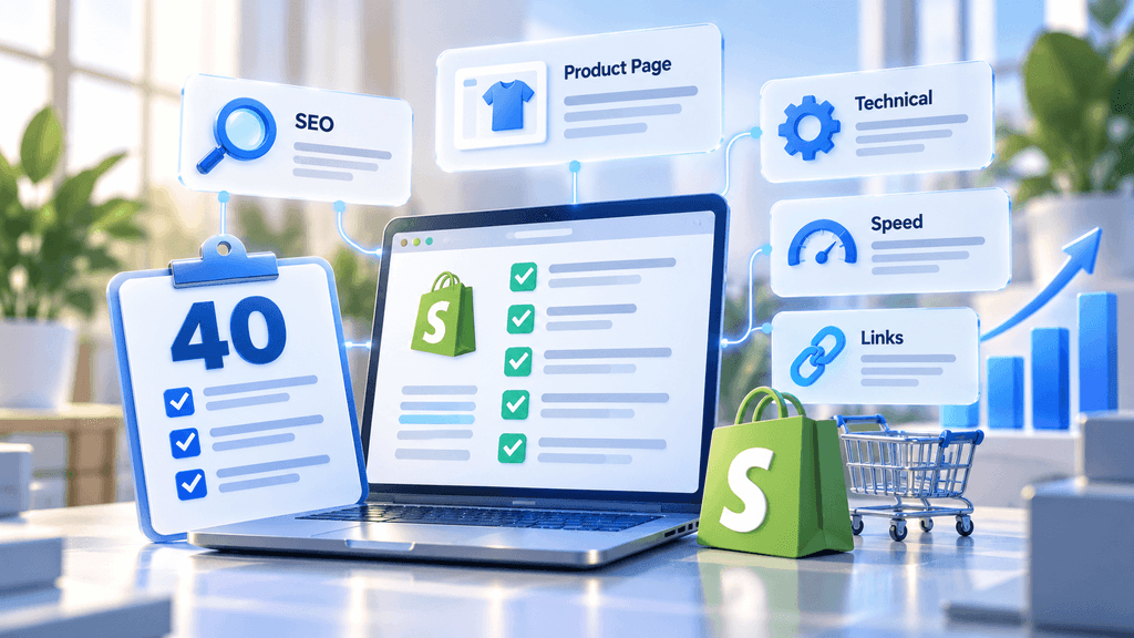 Shopify SEO checklist with 40 checks: store audit on a laptop covering SEO, product pages, technical issues, site speed and links