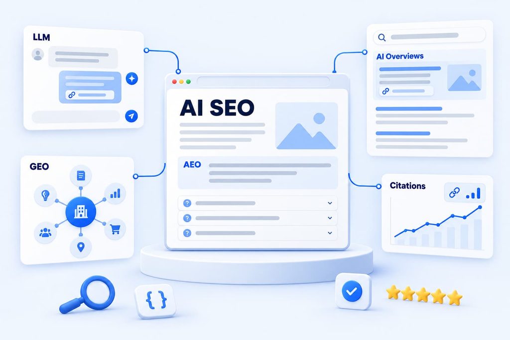 AI SEO services: website optimized for GEO, AEO and LLM search, cited in AI Overviews and AI chat answers