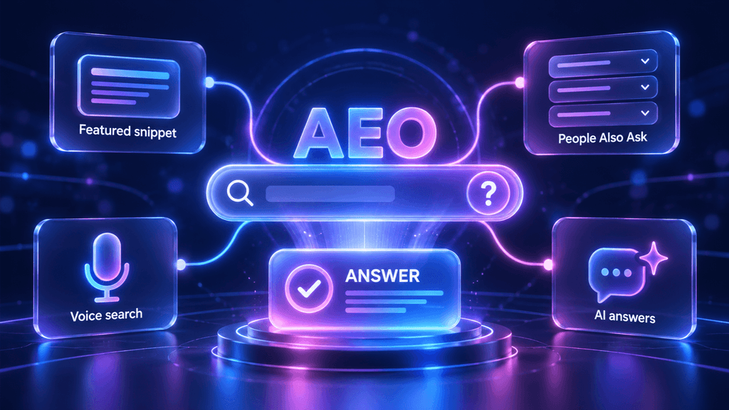 Answer engine optimization (AEO): search question turned into a direct answer in featured snippets, People Also Ask, voice search and AI answers