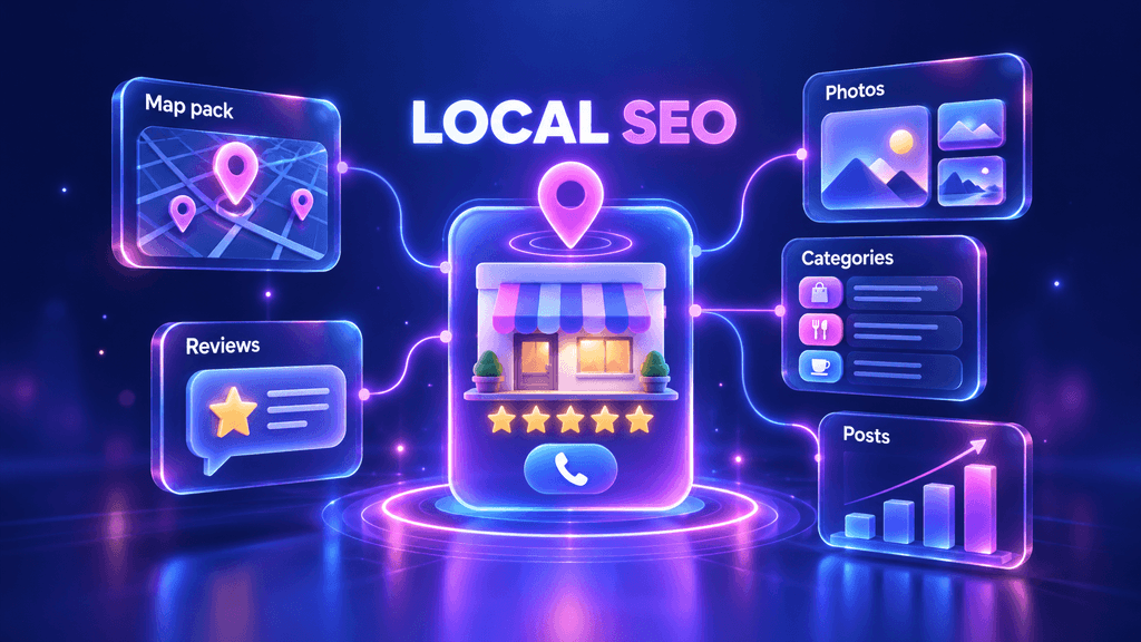 Google Business Profile optimization: local business profile with map pin, five-star reviews, photos, posts and map pack ranking