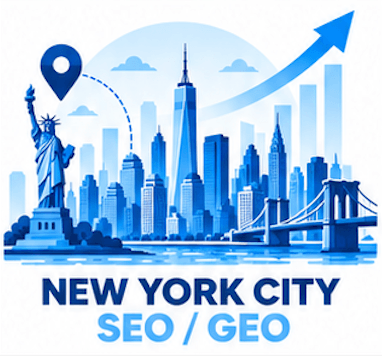 SEO company in New York City: Statue of Liberty, One World Trade Center and Brooklyn Bridge with a map pin and growth arrow for Google and AI search visibility
