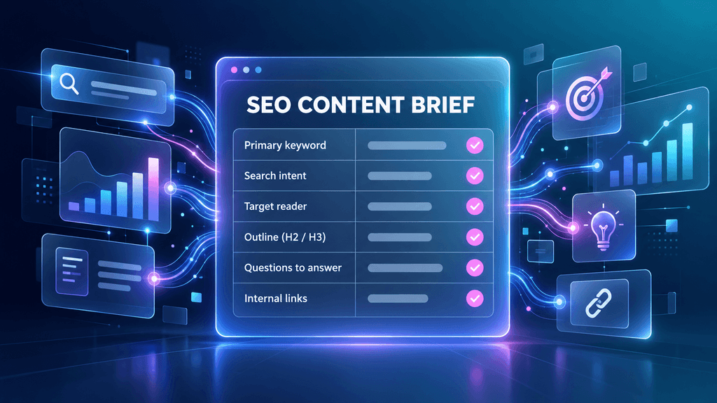 SEO content brief template with primary keyword, search intent, target reader, outline, questions and internal links