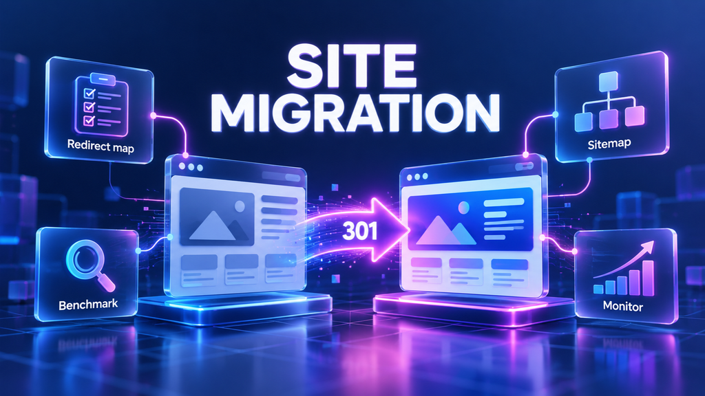 Website migration SEO checklist: old site redirected to a new site with 301 redirects, redirect map, benchmark, sitemap and monitoring